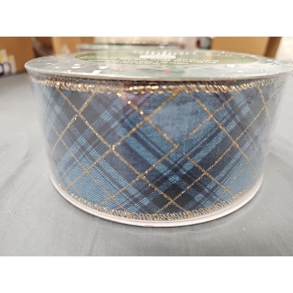 Members Mark Wired Ribbon Christmas Blue Gold Plaid 2.5 in X 50 yards Holidays